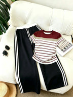 Women'S 2pcs Set Long Pants And Belt Patchwork Casual Sports Street Retro Style Loose Athletic Trousers And American Retro Casual Waist Pleated Craft Short Sleeve Digital Positioning Printed Short Sleeve Top - Black+Burgundy
