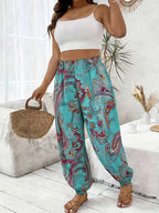 Vacation Full Body Printed High-Waist Elastic Waist Fashion Long Pants - Multicolor 1
