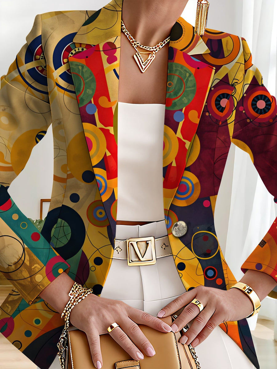 This Stylish And Elegant Women'S Blazer Is Designed Specifically for Spring And Autumn. As a Versatile Lapel Jacket, It Is Suitable for a Wide Range of Occasions, Offering a Look That Is Both Creative And Highly Fashionable - Red on yellow background