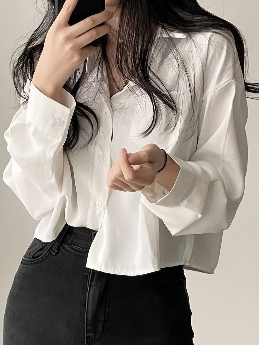 Easy Versatile Single-Button Loose Casual Solid Color Long Sleeve Shirt Top Women'S - White