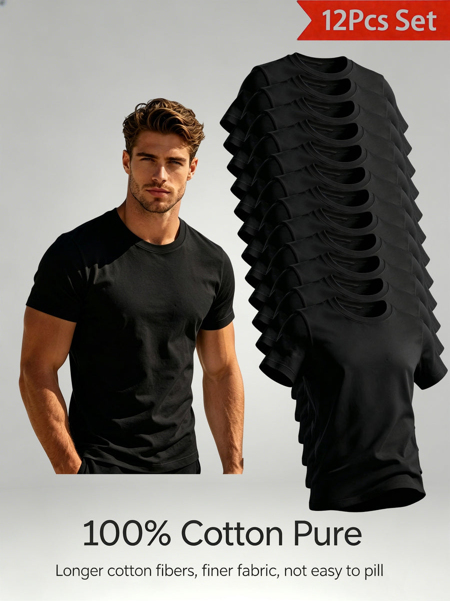 12pcs Set Pure Short Sleeve Soft Skin-Friendly Cloud-Like Fit Sports Casual Everyday Versatile No Limit Easy Design High-End Feel Cost-Effective Understand Life - Black