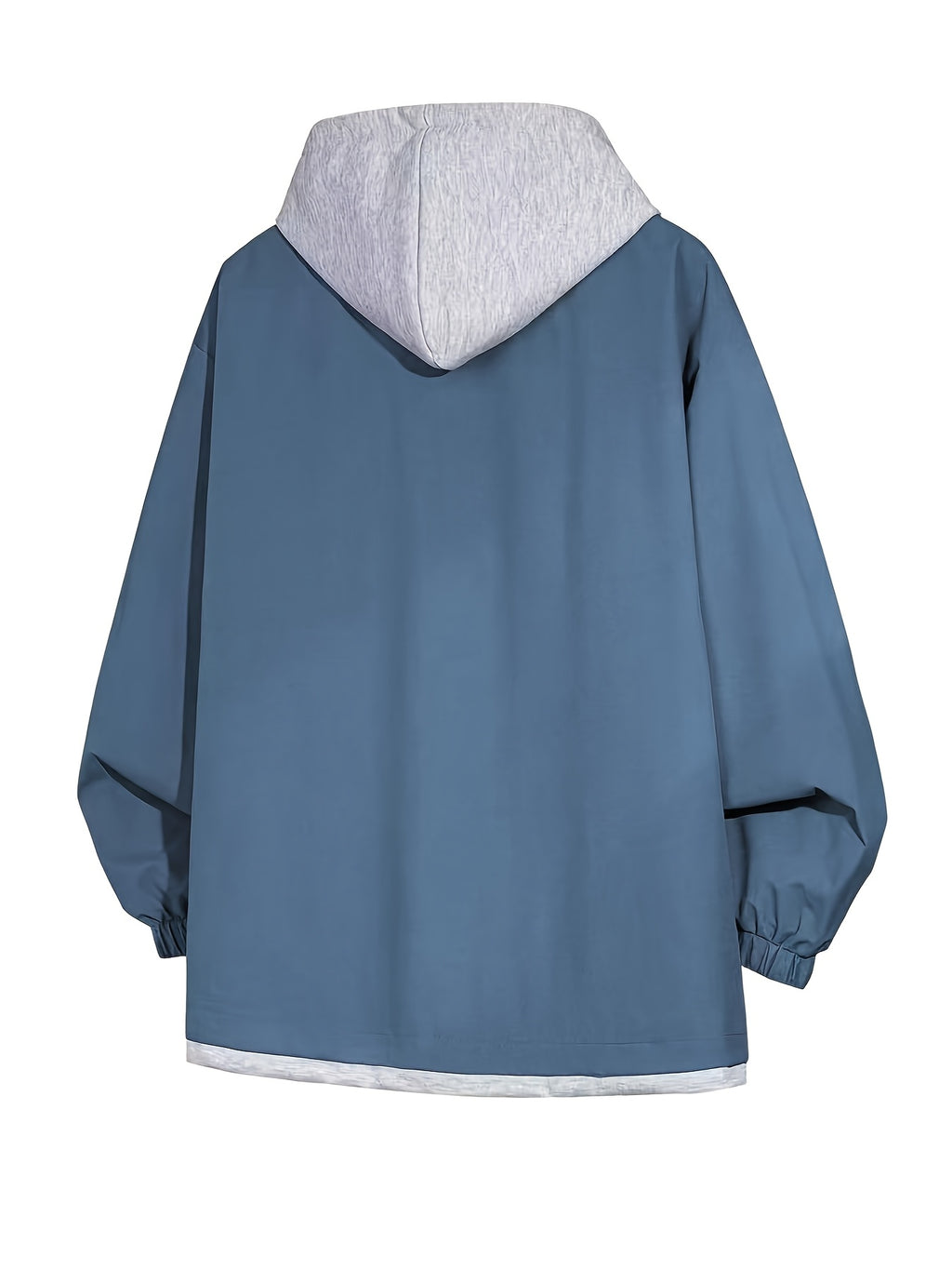 American Style Coat Women'S Trench Hooded Faux Two-Piece Windbreaker Design-Driven Color-Block Casual Loose Jacket - Denim Blue