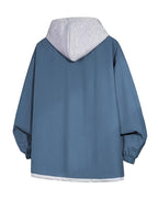 American Style Coat Women'S Trench Hooded Faux Two-Piece Windbreaker Design-Driven Color-Block Casual Loose Jacket - Denim Blue