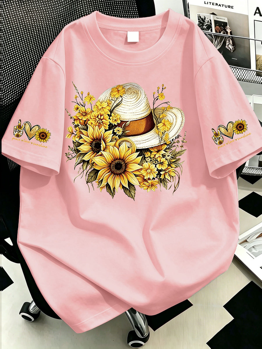 Plus Size, Plus-size Sunflower Print Round-neck Women's Casual Short-sleeve T-shirt, Suitable for Summer Vacations, Casual and Comfortable - Pink Color