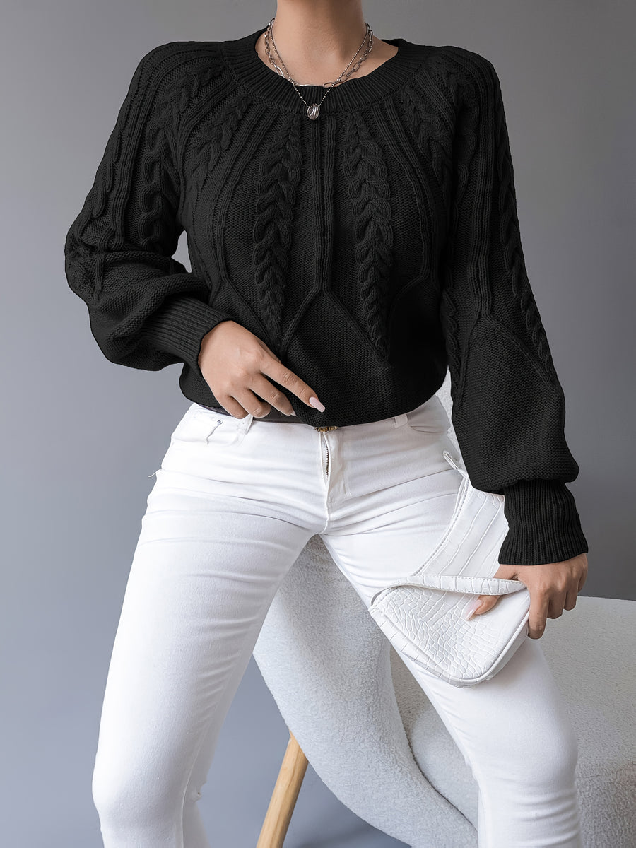 Chunky Lantern Sleeve Sweater, Women'S Crew Neck Textured Pullover Sweater - Black