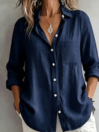 Elegant Special Edition Women'S Shirt - Long Sleeve Button-Up Solid Color Blouse, Breathable, Comfortable, Soft, Classic Collar, Medium Stretch, Machine Washable, Suitable for Office, Commute, Or Formal Events, Exquisite Casual - Navy Color