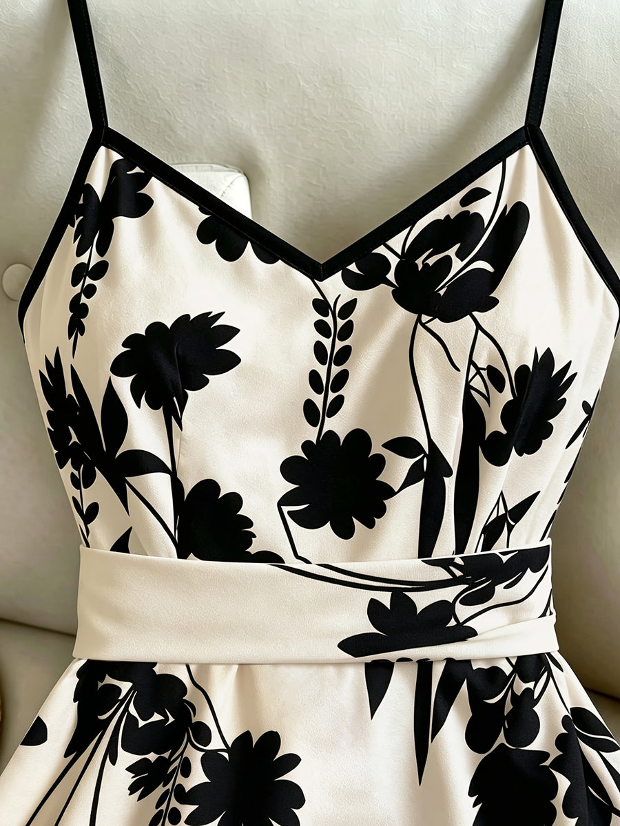 Summer Print V-Neck Camisole Dress, Vintage Botanical Print Camisole Dress, Simple Color Block Dress, Versatile Commuter Long Camisole Dress, Elegant Print Dress, Gentle Summer Date Dress, Daily Commuter Dress WJ2667 - Apricot