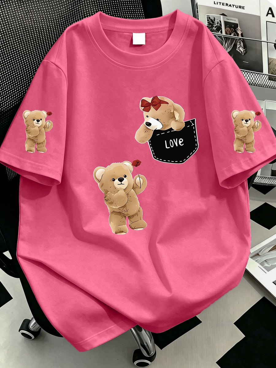 Women' Oversized Pocket Bear T-Shirt - Loose Fit Midi-Length Short Sleeve Round Neck -Compatible Top with Hip-Covering | Spring Summer Casual Wear Suitable for Layering, Machine Washable Non- Pocket Tee - Dusty Rose