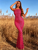 Dragon Fruit Powder Sequined V-Neck Fishtail Evening Gown, Double Thin Shoulder Strap Design, Formal Prom Dress, Four-Strap Beaded Bridesmaid Gown EN84657 - Watermelon Red