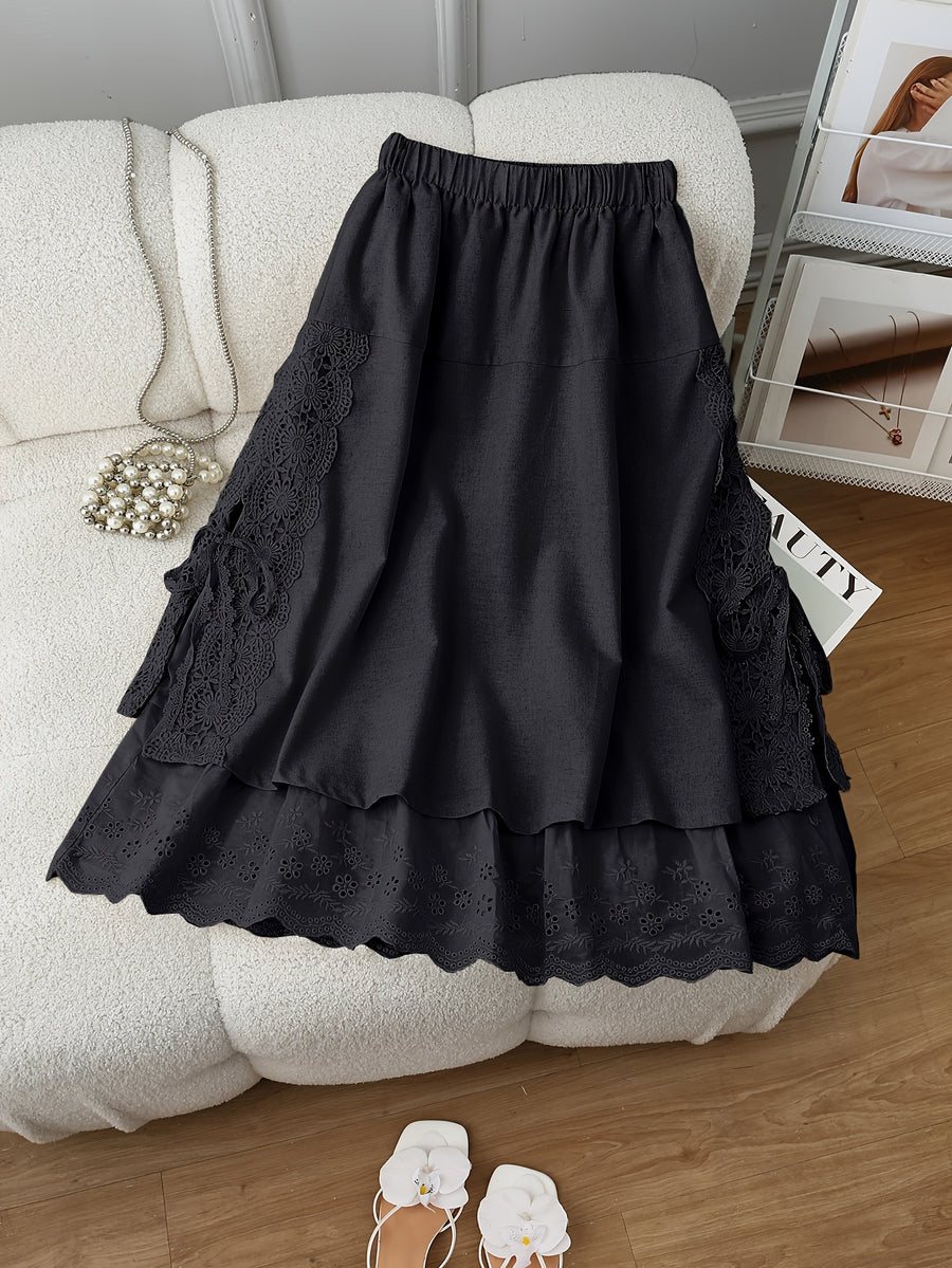 Women's New Spring/Summer - Fabric Embroidered Hem Maxi Dress, Casual Versatile Elastic Waist Lace Patchwork Skirt - Black