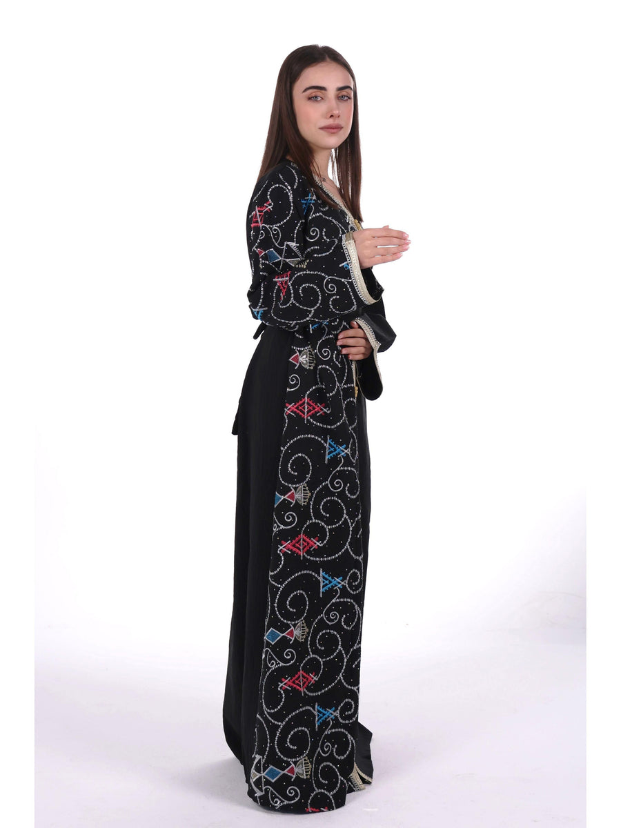 Middle East Women's New Traditional Style Dress Kaftan Robe Jalabiya Festival Evening Gown Abayas Suitable for Holiday Party Wear Women's Evening Dress, Casual Dress with belt - Black