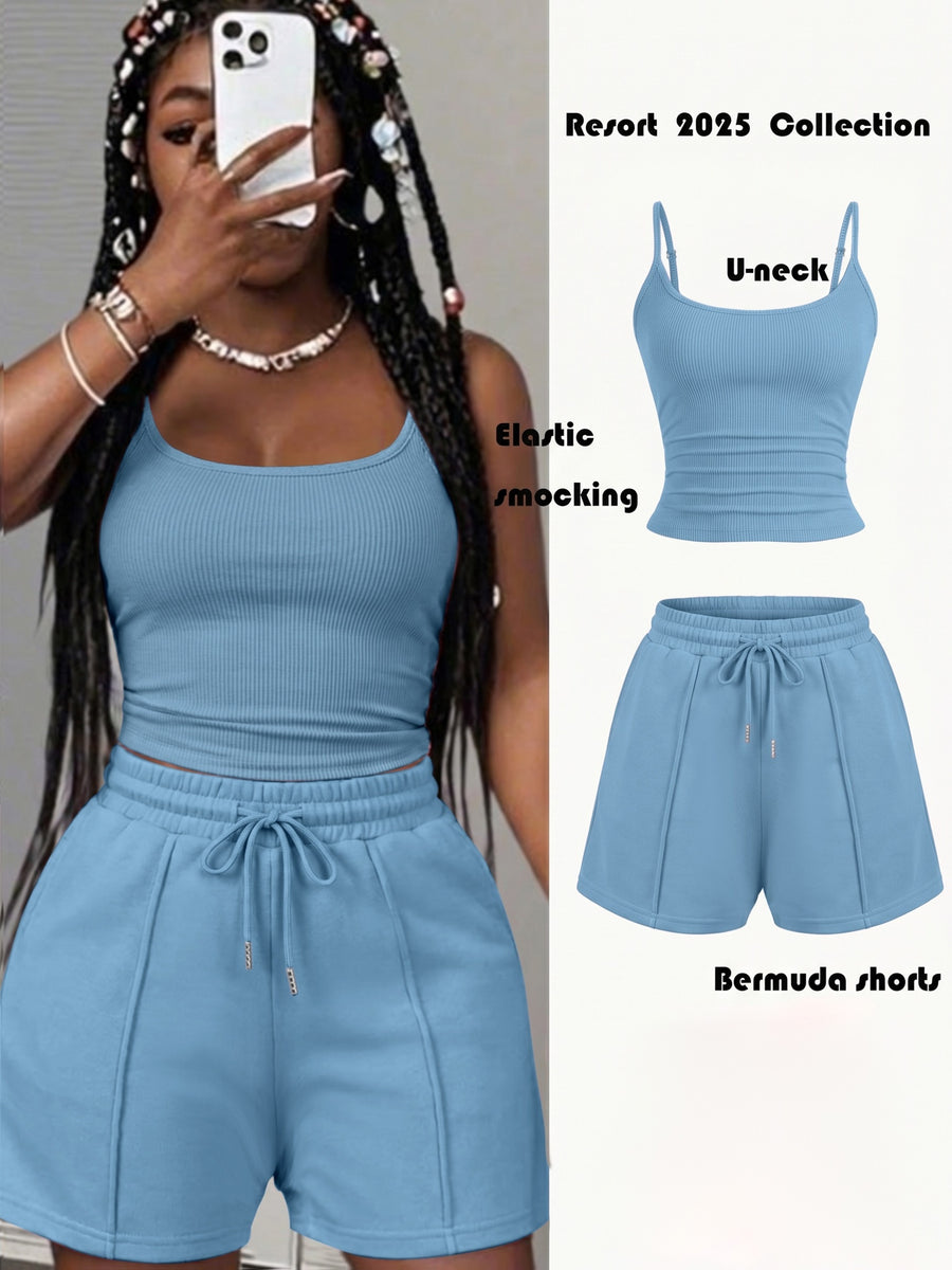 Women'S New Casual Camisole Knit Elastic Vest And Striped Textured Shorts 2pcs Set - Sky Blue