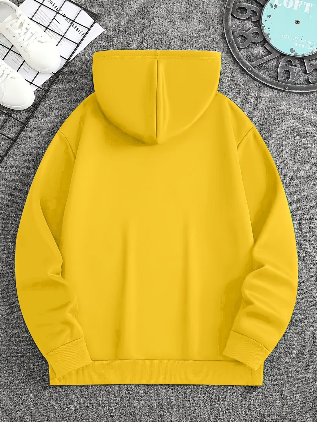 Minimalist Style Boston Letter Print Men'S Hooded Sweatshirt Regular Fit, Casual Long Sleeve Pullover - Yellow