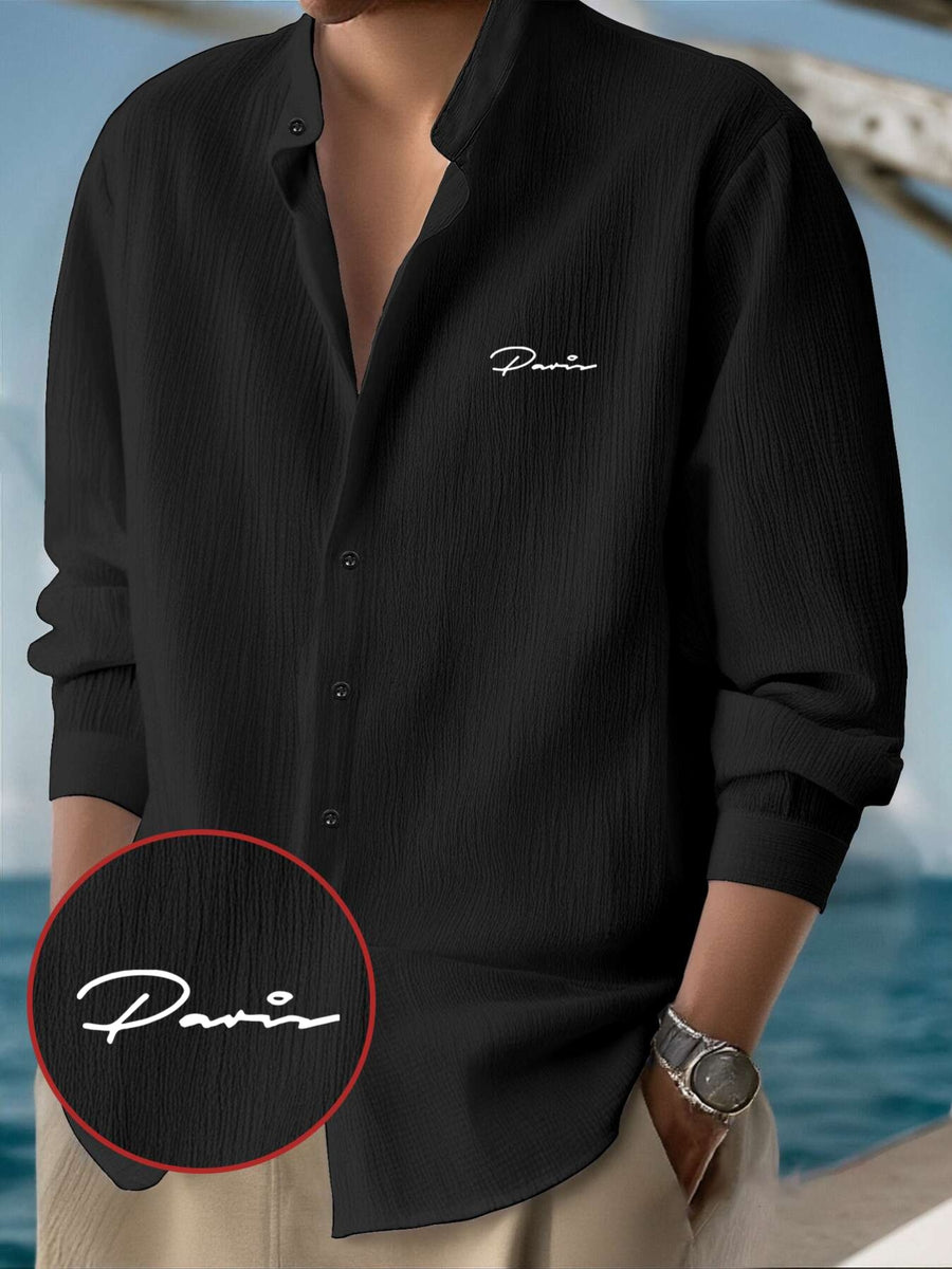 Men's Classic Solid Color Casual Long Sleeve Button- Shirt - Stand Collar Design, Machine Washable, Letter Print, All-Season Wear, Suitable for Outings, Beach & Casual Attire, Machine Washable, Solid Color Shirt, Casual Shirt - Black