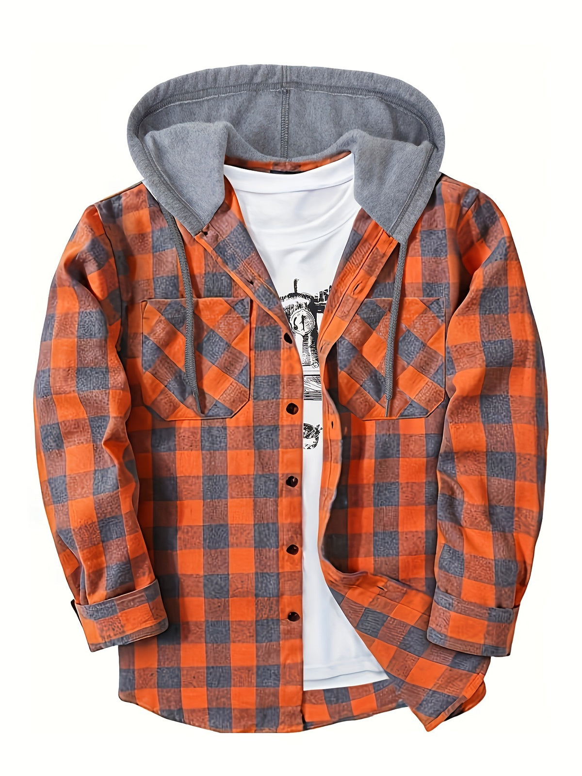3pcs Men's New York Fashion Trendy Plaid Shirt Hooded Plaid Sweatshirt Flannel Hoodie - Orange+red+grey