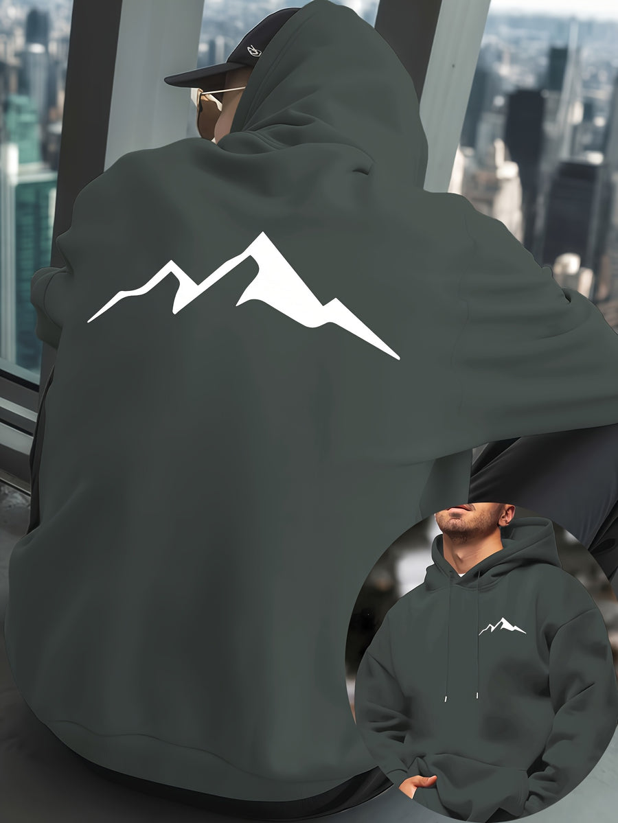 Mountain Men'S New Trendy Autumn Winter Hooded Sweatshirt, Casual Daily Drawstring Hoodie Creative Design Print, Kangaroo Pocket, Unisex Top - Dark Gray