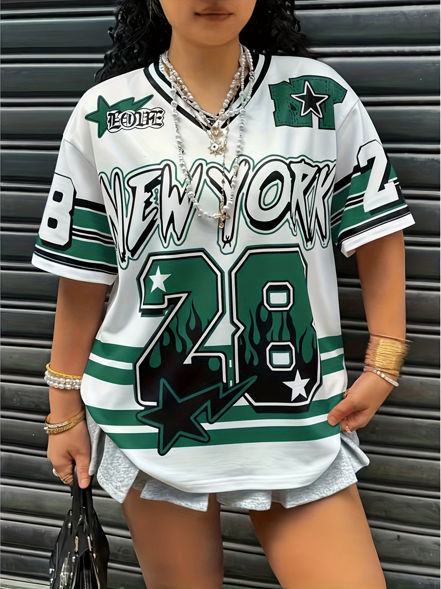 Women'S Top Casual Color-Block Striped Letter And Number Print Short Sleeve Women'S T-Shirt - Green