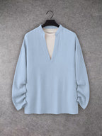 Men's Deep V-Neck Linen Long Sleeve Henley Shirt, Loose Fit Casual Breathable Linen Top, Vacation Style Pullover - Sky Blue