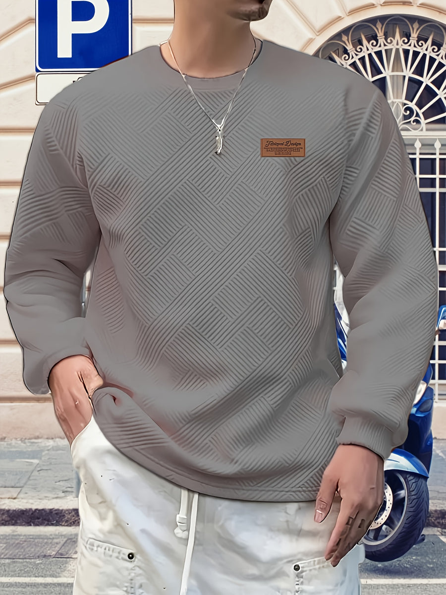 Men's Gift, Men's Fashion Heavyweight Jacquard Crew Neck Long Sleeve Sweatshirt, Casual and Comfortable Top for Spring and Autumn, Daily Outings - Grey