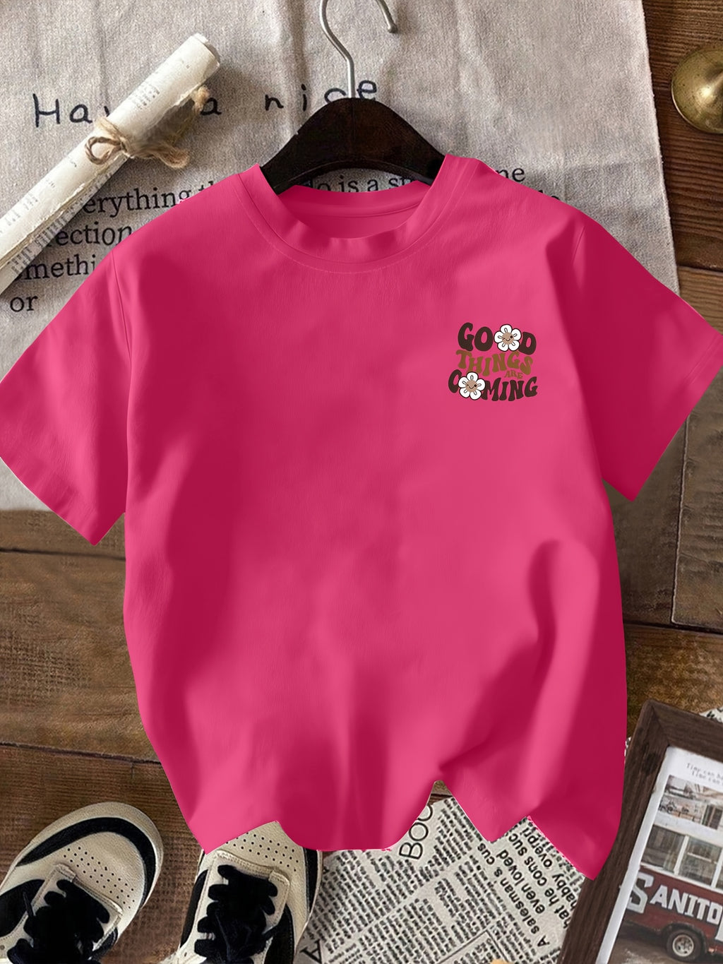 2026 Fashion New Women'S Round Neck English Letter Floral Print Fashion Short Sleeve Summer Casual T-Shirt - Rose Red