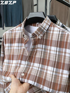 ZBZP Spring/Autumn New Men's Business Casual Solid Color Plaid Long-Sleeve Shirt, Trendy and Versatile Dress Shirt DM - Red