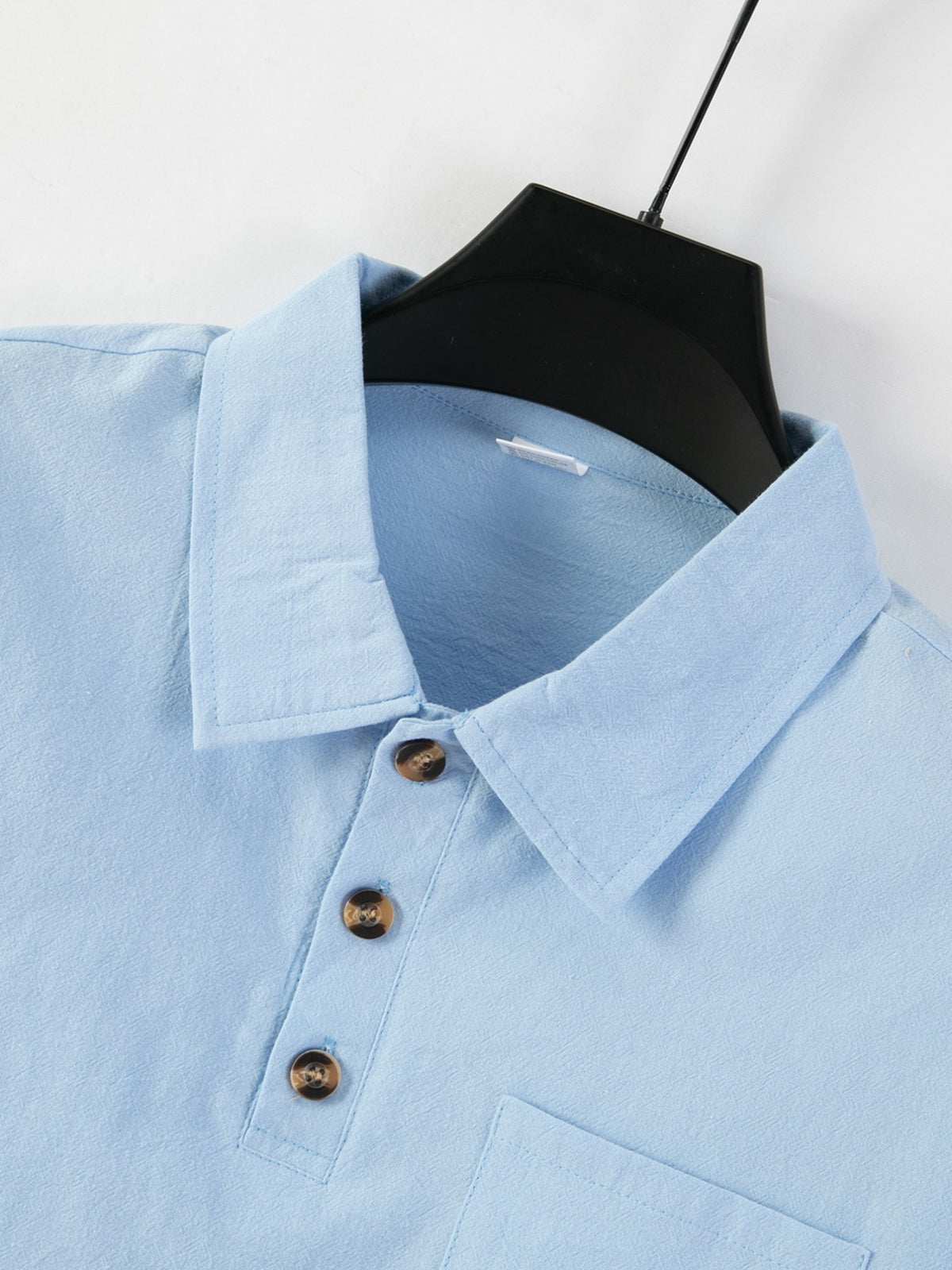 95% Linen Long Sleeve Polo Shirt Fall Winter Midweight Crinkle Texture 3 Wooden Buttons Single Chest Pocket Lapel Casual Top - Light Blue