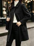 Women'S Spring Autumn Single Button Faux Wool Coat Solid Color Lapel Mid-Length Dress Coat - Black