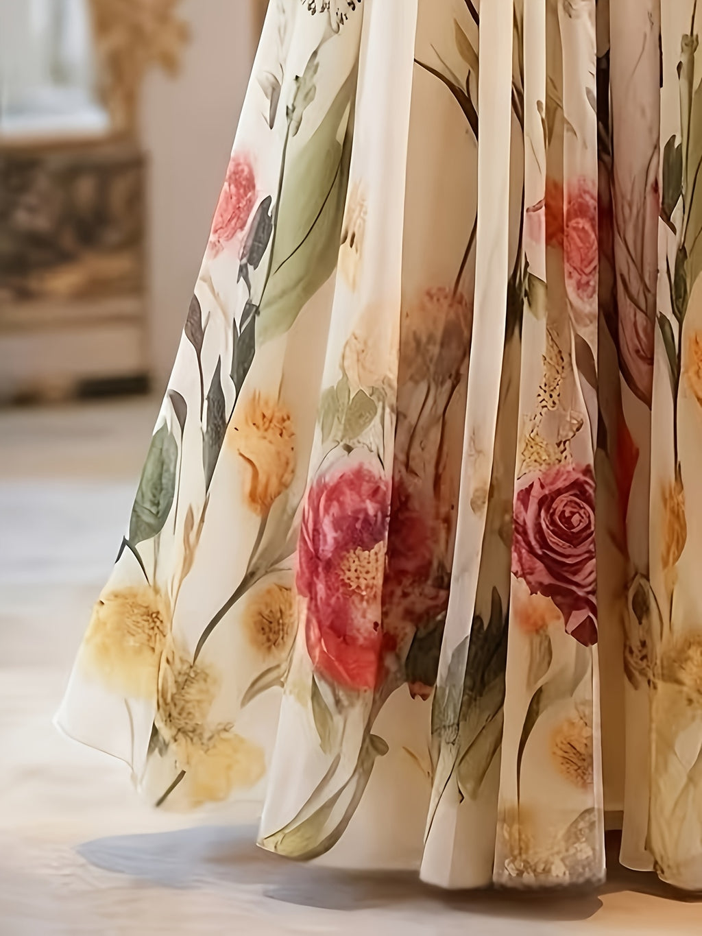 Spring And Summer Women'S Elegant Printed Mid-Length A-Line Skirt with Layered Tulle Skirt Elegant Women'S Skirt Daily Wear Outing Travel Can Be Worn in All Four Seasons Suitable for Casual And Formal Attire - Red Flower