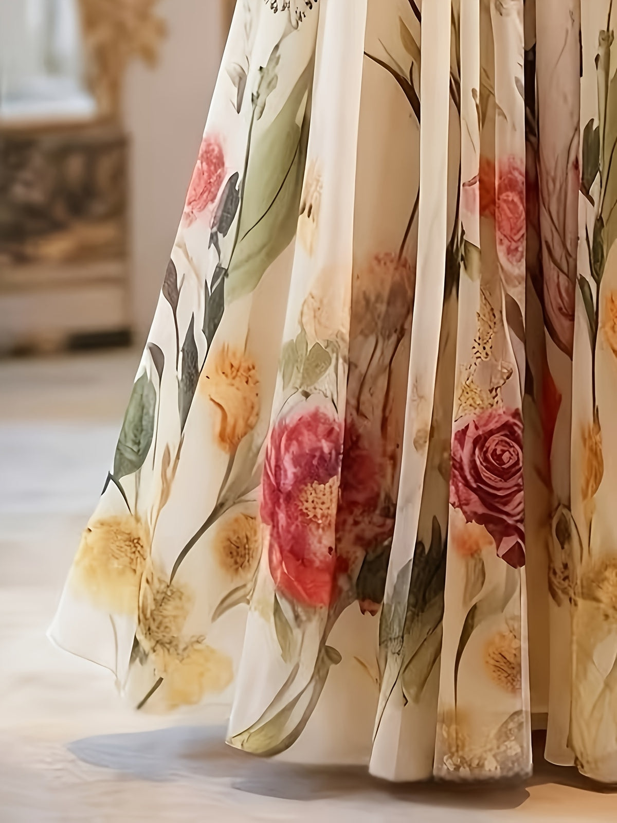 Spring And Summer Women'S Elegant Printed Mid-Length A-Line Skirt with Layered Tulle Skirt Elegant Women'S Skirt Daily Wear Outing Travel Can Be Worn in All Four Seasons Suitable for Casual And Formal Attire - Red Flower