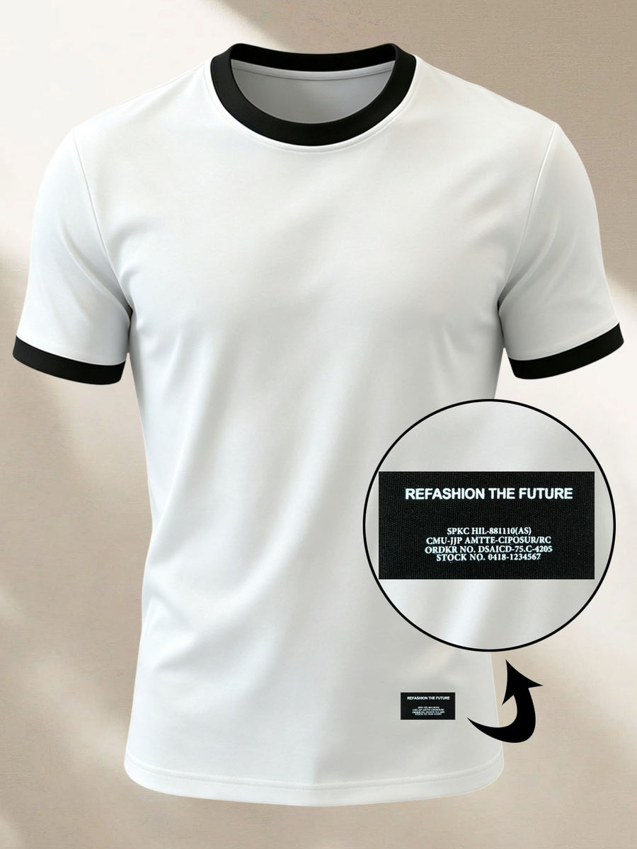100% Cotton Men's Knitted Color-Block Crew Neck Patched T-Shirt, Summer All-Season Base Layer, Factory-Made for Men, Comfortable, High Quality, High Fit Rate, Casual Sportswear with Contrast Hem and Patch Appliqué - White with Black ZZ019