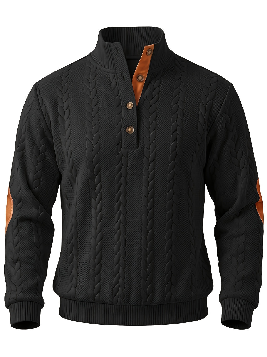 Men'S Casual Long Sleeve Knit Sweater, Textured Cable And Diamond Pattern, Stand Collar with Button Placket, Contrast Elbow Patch Details, Ribbed Cuffs And Hem, Ideal for Fall Winter Work, Travel, Golf And Daily Wear - Black