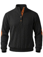 Men'S Casual Long Sleeve Knit Sweater, Textured Cable And Diamond Pattern, Stand Collar with Button Placket, Contrast Elbow Patch Details, Ribbed Cuffs And Hem, Ideal for Fall Winter Work, Travel, Golf And Daily Wear - Black