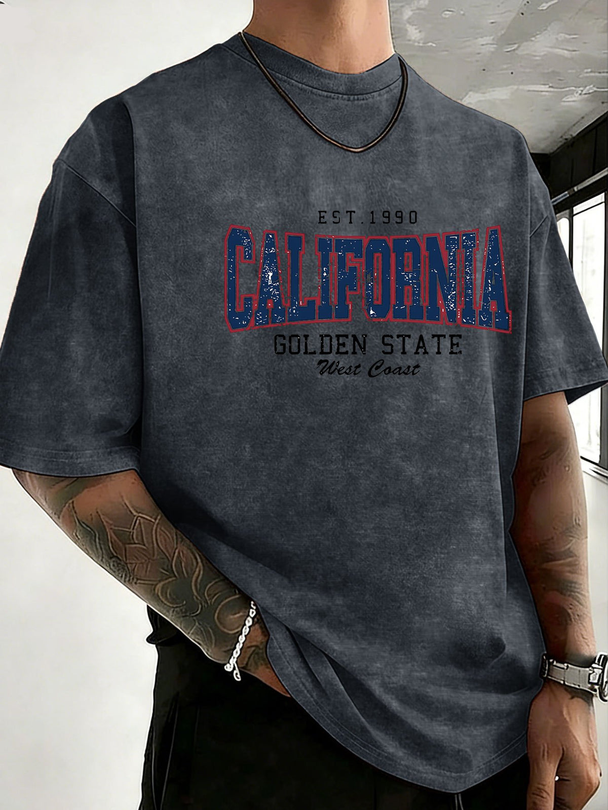 Midsummer Festival Holiday Style Unisex T-Shirt, Pure Cotton Washed Distressed, Double-Sided Print, Breathable and Sweat-Absorbent, Loose Fit for Outdoor Hiking, Sports, Trendy Casual Short Sleeve - Navy Color