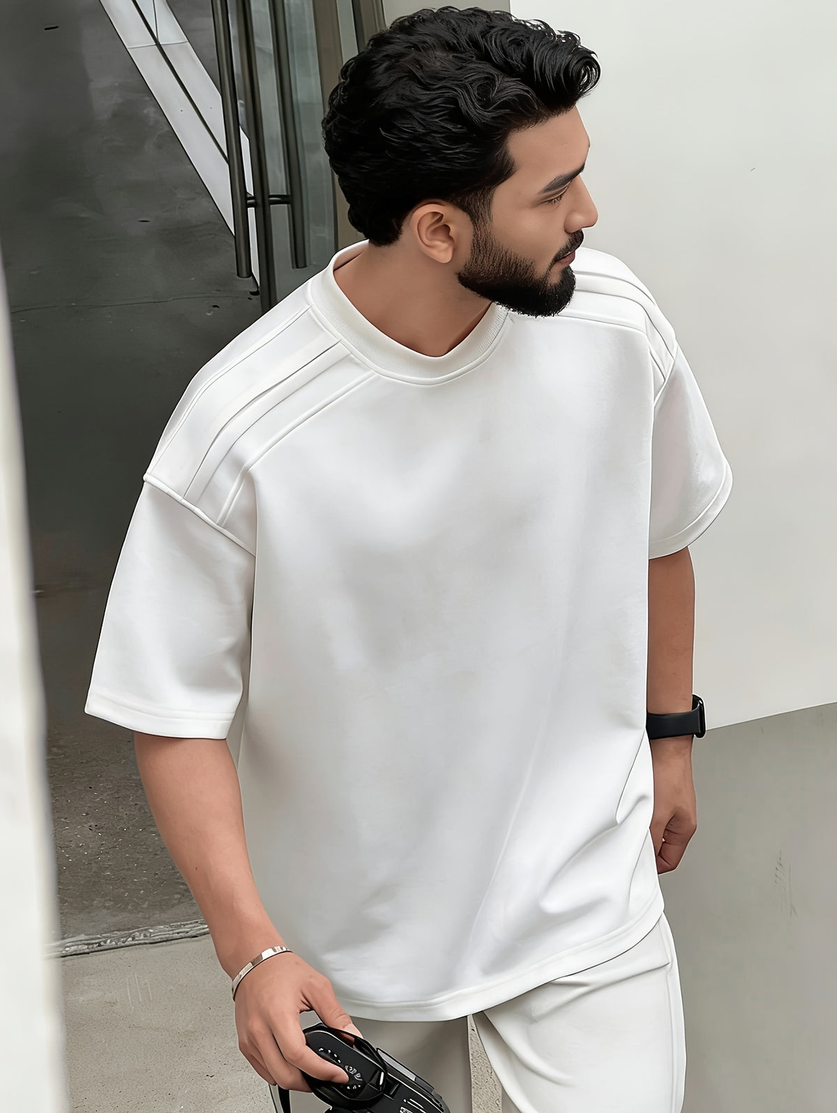 Men's Casual T-Shirt for Spring/Summer with 3D Shoulder Patchwork, Heavyweight Premium Feel Short Sleeve Crew Neck Pullover T-Shirt, Simple Streetwear Fashion Top, In Stock - White