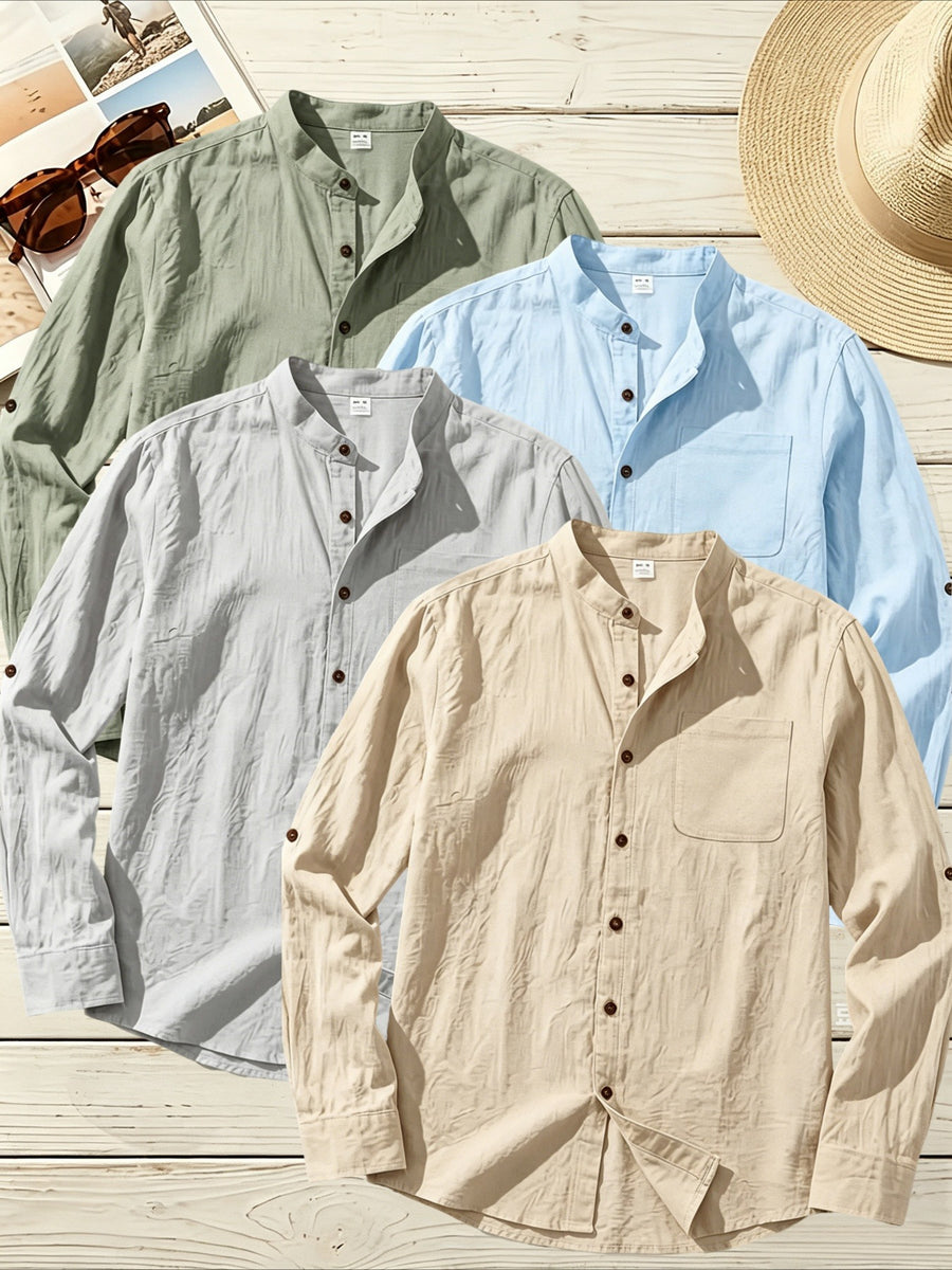 4pcs Men'S Stand Collar Linen Blend Long Sleeve Shirt, Beach Vacation Casual Commute Wear, Breathable Lightweight Relaxed Style Spring Summer Autumn Loose Straight Cut with Roll-Up Cuffs And Chest Pocket, Multi-Color Available - Green+Blue+Gray+Khaki