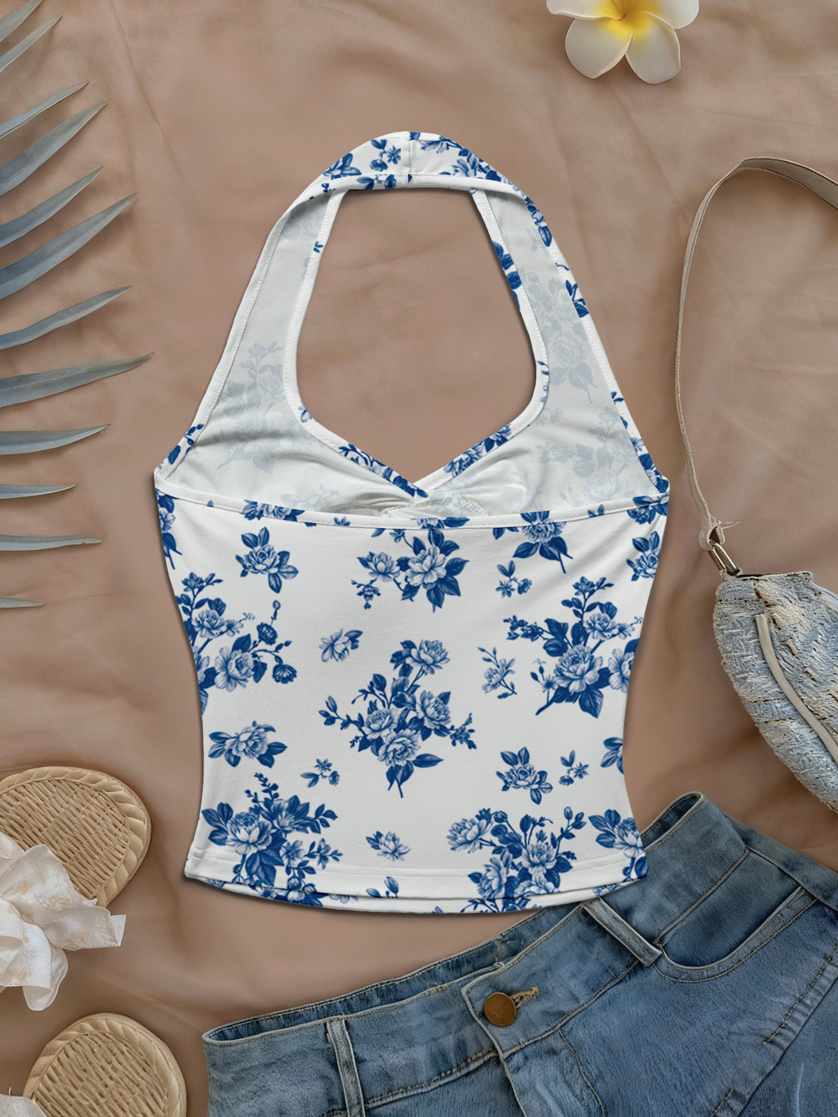 Women'S Spring/Summer New Arrival Daily/Dating/Vacation Casual Printed Twist Front Halter Neck Crop Top - Royal Blue