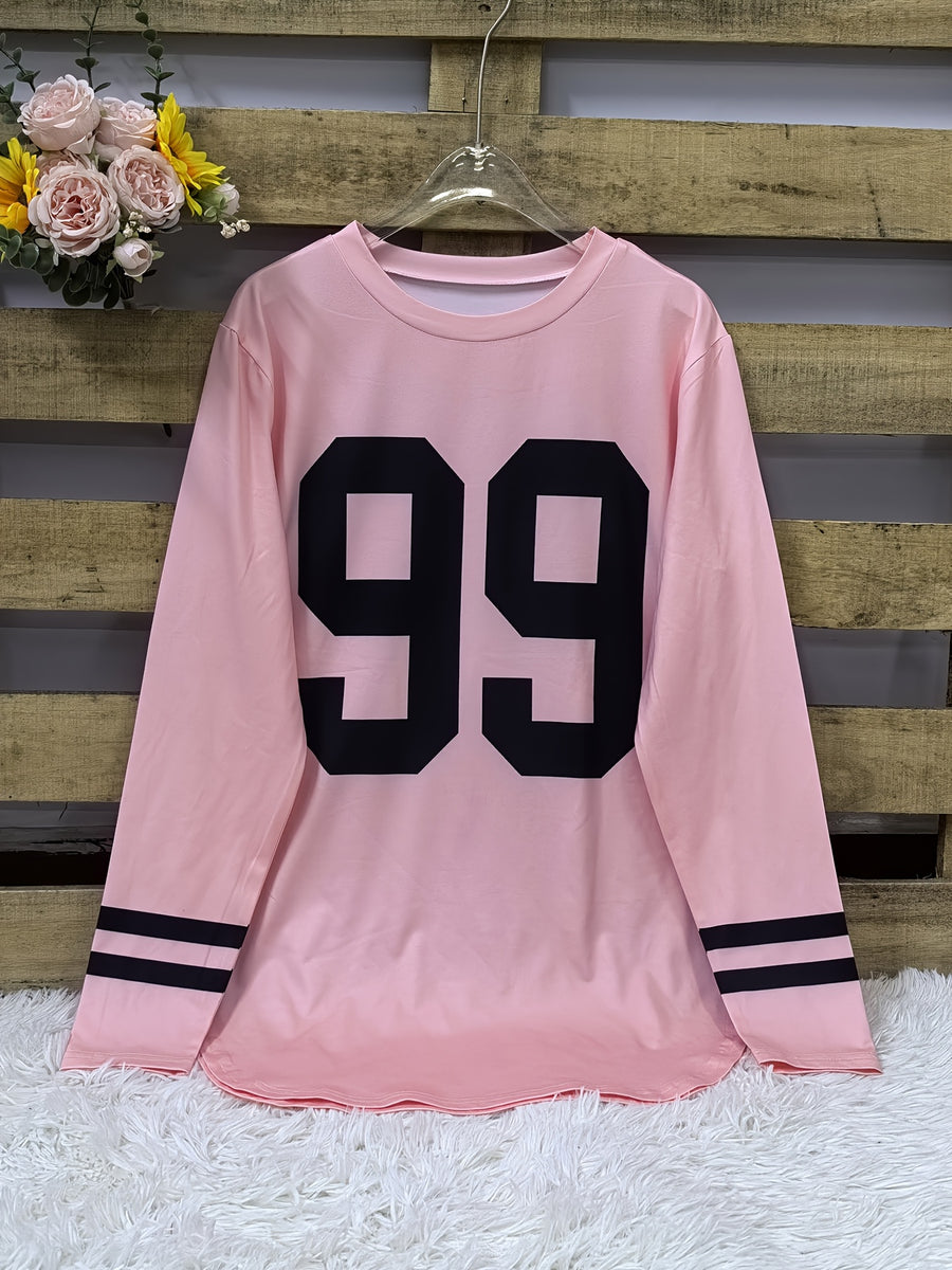 Women's Oversized '99' Number Print Blouse - Long Sleeve Casual Loose Fit SweeSuitable for Year-Round Wear, Machine Washable Comfy Tunic Top - pink color