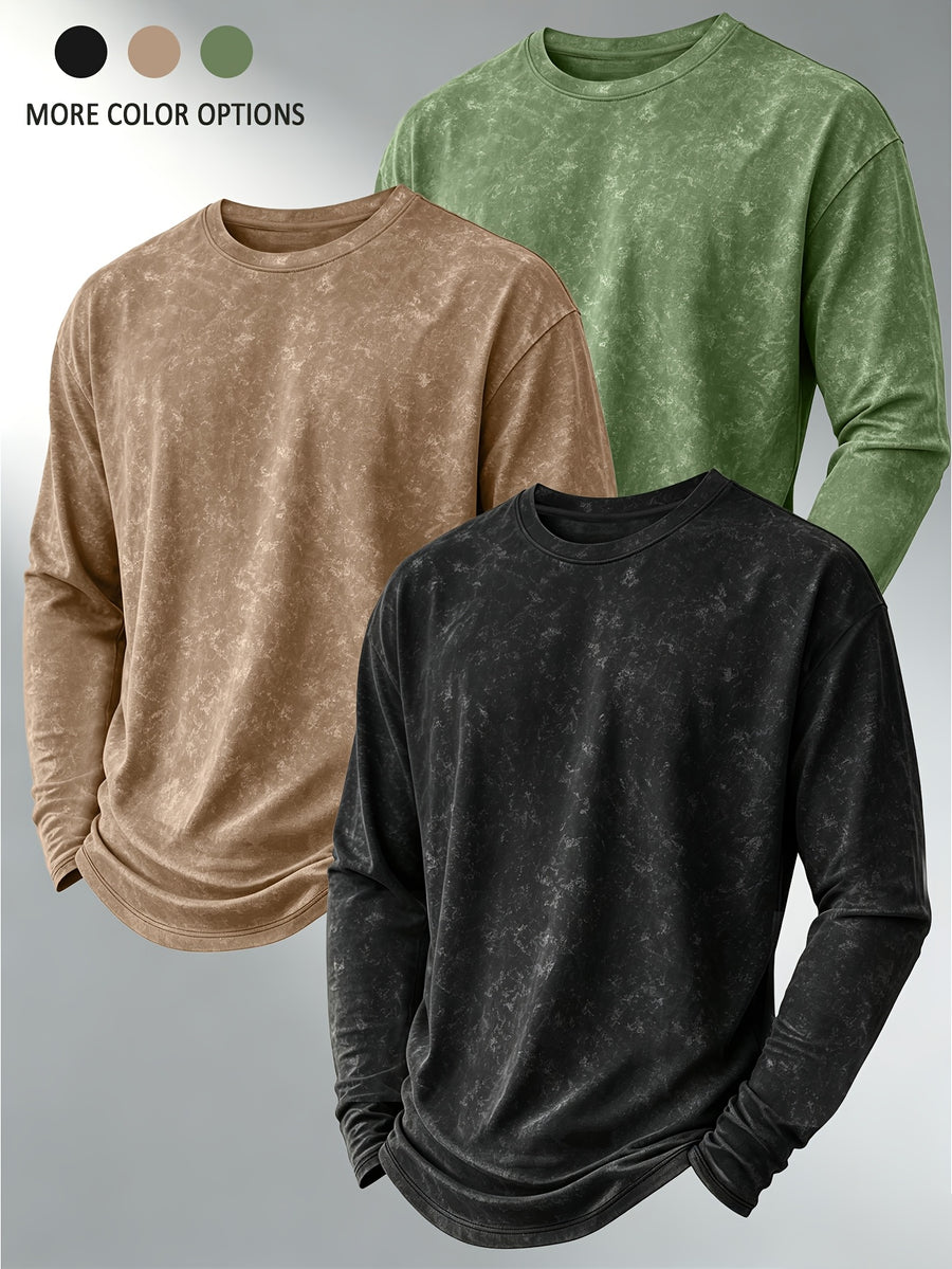 Pearson OBM Three-pc American Vintage Distressed Long-Sleeve T-Shirt, Men's Versatile Crew Neck Base Layer Top, Trendy Casual Long-Sleeve Inner Wear - Green+Khaki+Black