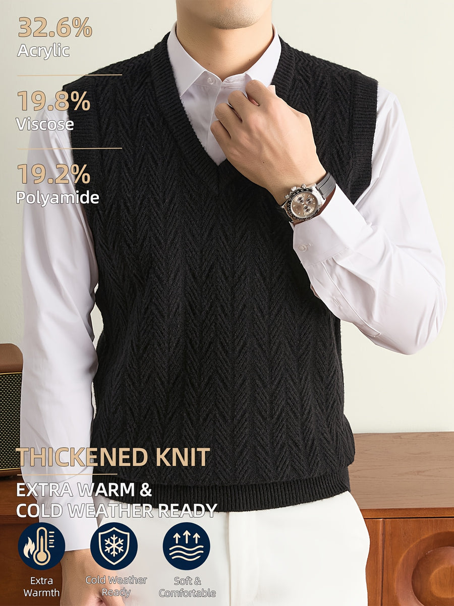 Men's Autumn & Winter Knitted Sweater Vest, Classic V-Neck with Raised Herringbone Texture, Thick & Warm, Timeless Refined Style for Work, Casual Wear, Outdoor Activities & Camping, Ideal Gift for Dad or Husband - Black