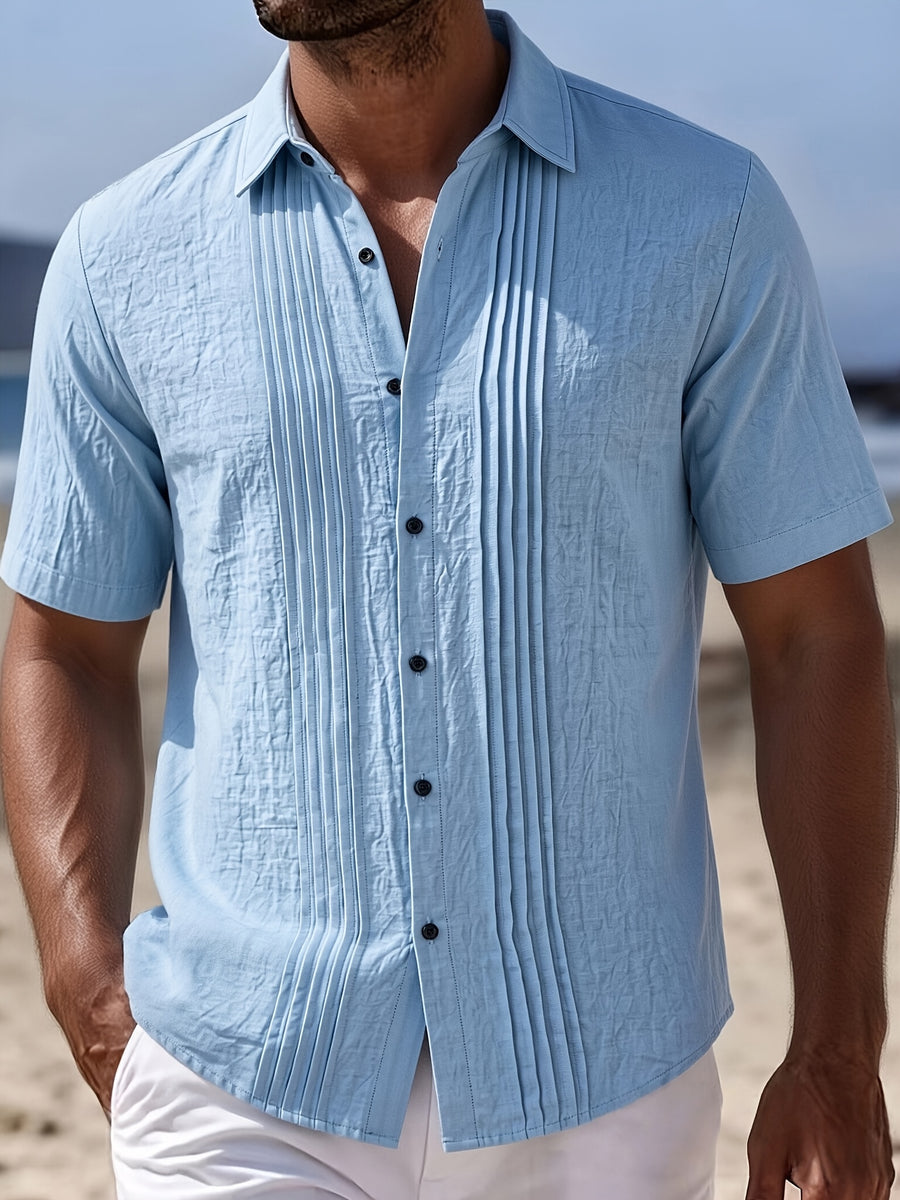 Men's Solid Color Button-Up Lapel Collar Short Sleeve Shirt - Breathable Textured Linen Button-Front Collar Shirt Suitable for Beach, Casual & -Casual Wear, Summer Office Outfits - Non-Stretch Button Collar - Light Blue