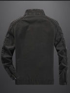 Distressed Washed Faux Denim Fabric, Stand Collar with Diagonal Zipper, Restoring American Retro Biker Style, Full Street Vibe - Black