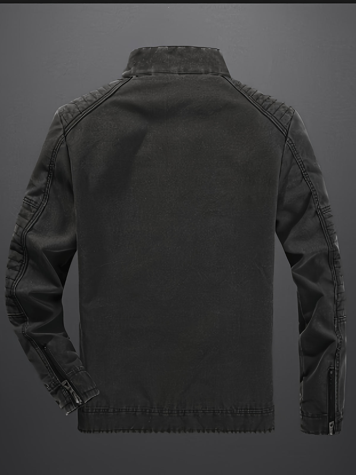 Distressed Washed Faux Denim Fabric, Stand Collar with Diagonal Zipper, Restoring American Retro Biker Style, Full Street Vibe - Black