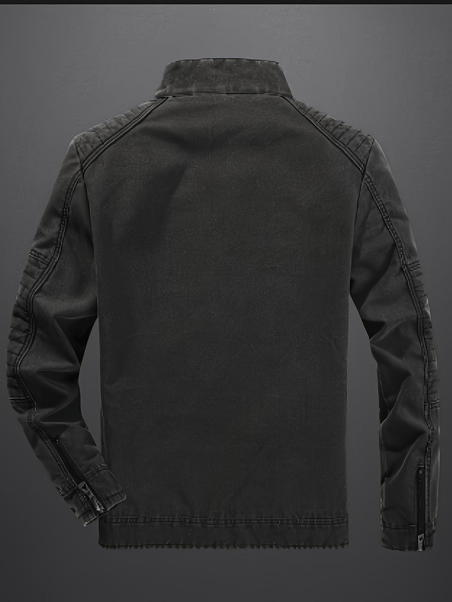 Distressed Washed Faux Denim Fabric, Stand Collar with Diagonal Zipper, Restoring American Retro Biker Style, Full Street Vibe - Black
