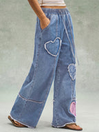 Retro Frayed Heart Patchwork Wide-Leg Denim Jeans with Drawstring Elastic Waist Design Loose Drapey Floor-Length Casual All-Match Casual Trousers - Blue
