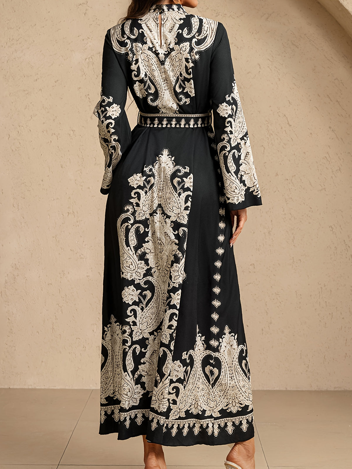 Evening Temperament Printed Dress for Women, Summer Tie-Up Bow Long Dress, for Wedding Guests - Black