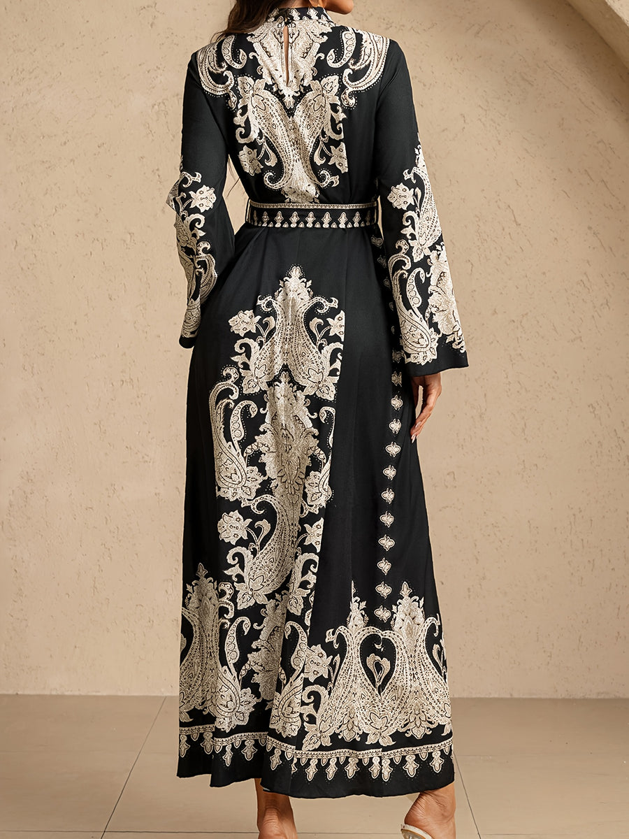 Evening Temperament Printed Dress for Women, Summer Tie-Up Bow Long Dress, for Wedding Guests - Black