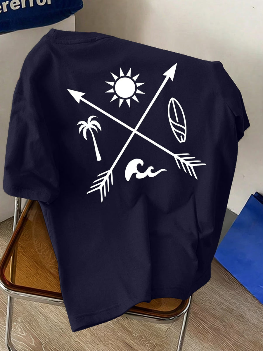 Men'S New Round Neck Short Sleeve T-Shirt Summer Sunshine Surfboard Print Suitable for Vacation Daily Casual Comfortable Soft Breathable Summer Essential - Navy Color