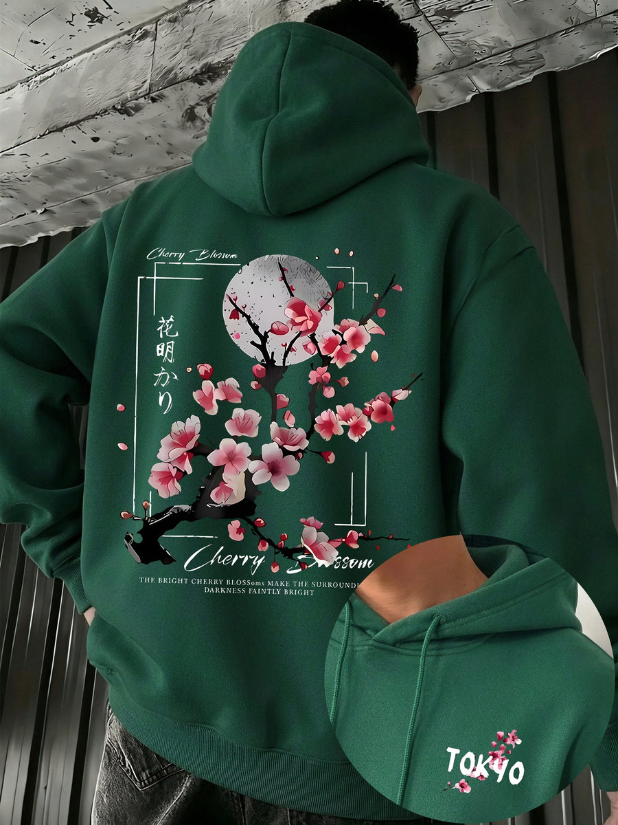Men's Hooded Sweatshirt with Plum Blossom and Moon Pattern, Comfortable, Casual, Soft, and Breathable for Spring and Autumn Daily Wear - Dark Green