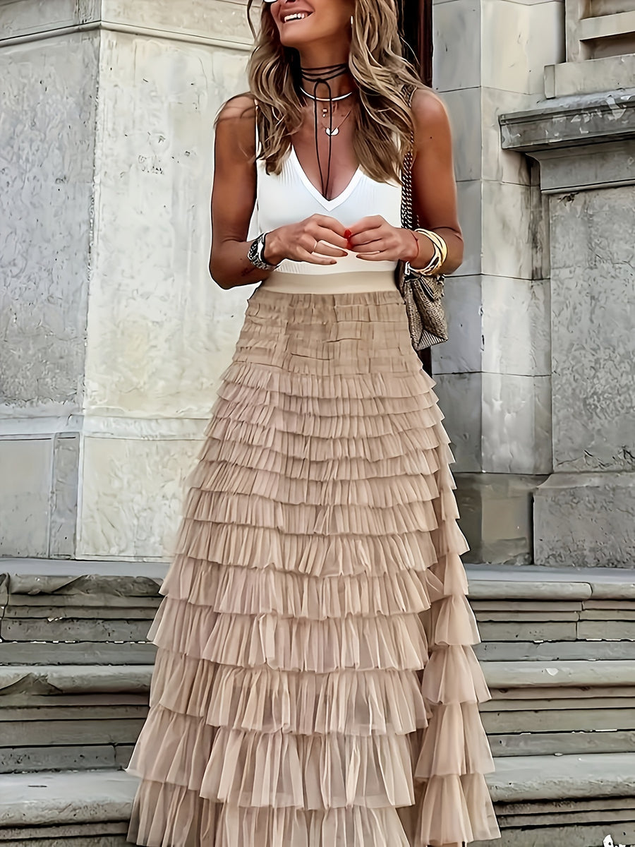 Elegant Mesh Long Cake Skirt with Elastic Waist - Apricot