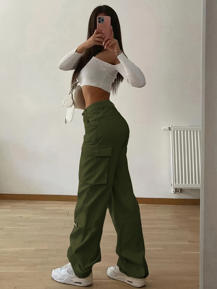 Designer Cargo Pants with Flap Pockets, Women's Elegant Casual Solid-color Trousers, Women's Pants - Olive Green